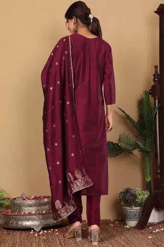 Purple Embroidered Sequinned Pure Silk Straight Kurta with Trousers & Dupatta