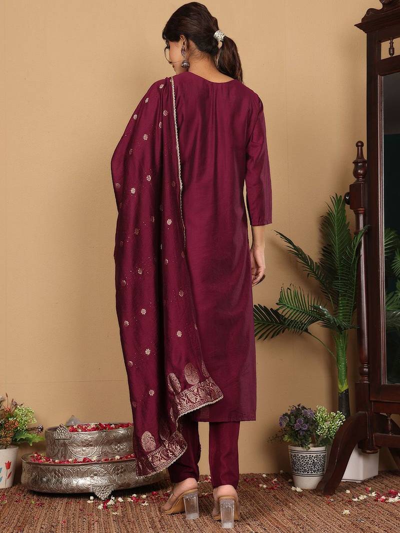Purple Embroidered Sequinned Pure Silk Straight Kurta with Trousers & Dupatta