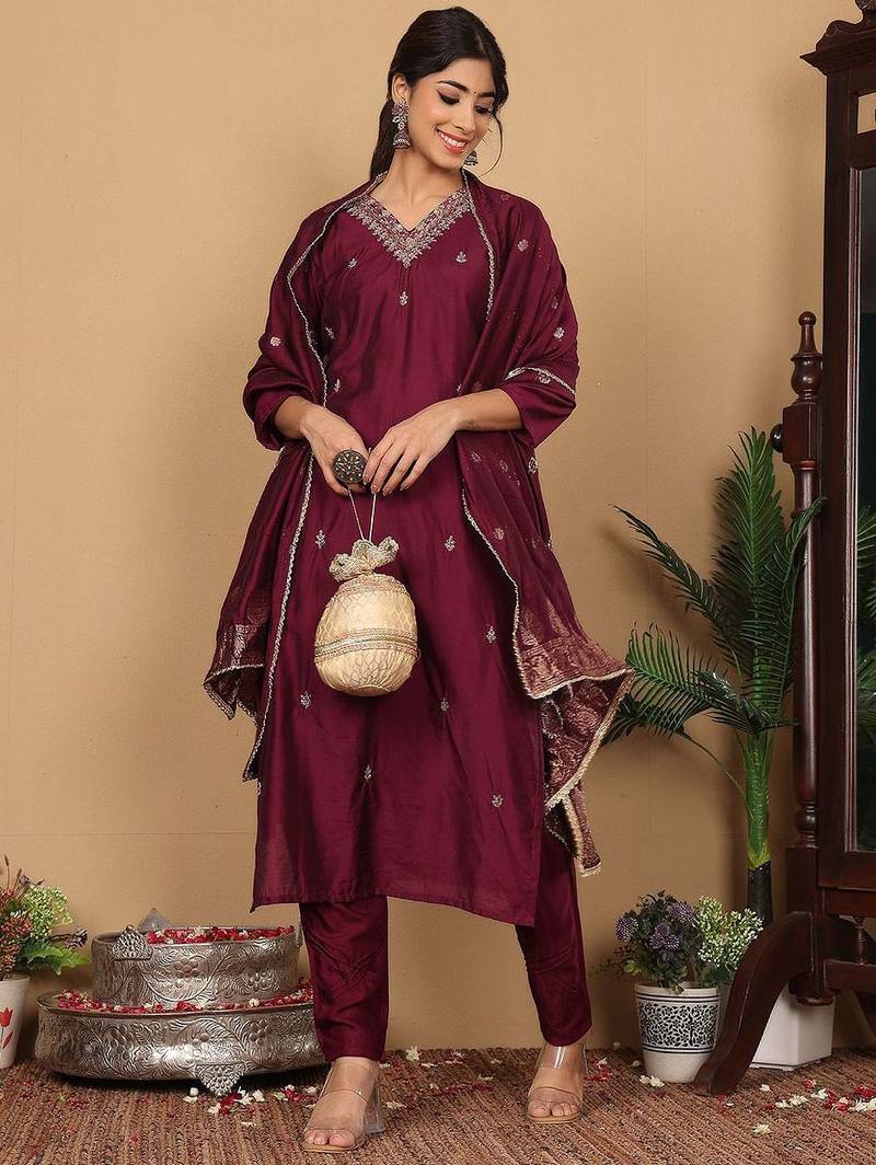 Purple Embroidered Sequinned Pure Silk Straight Kurta with Trousers & Dupatta
