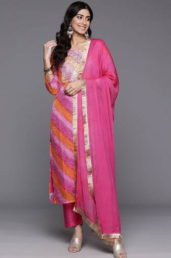 Bandhani Printed Thread Work Straight Kurta With Trousers & Dupatta