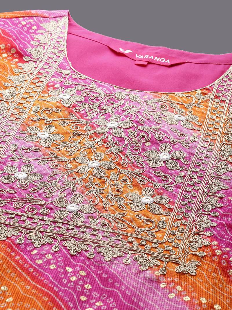 Bandhani Printed Thread Work Straight Kurta With Trousers & Dupatta