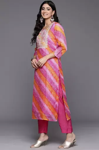 Bandhani Printed Thread Work Straight Kurta With Trousers & Dupatta