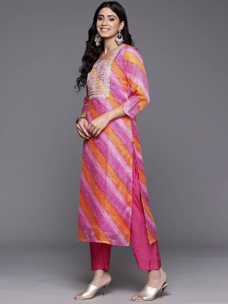 Bandhani Printed Thread Work Straight Kurta With Trousers & Dupatta
