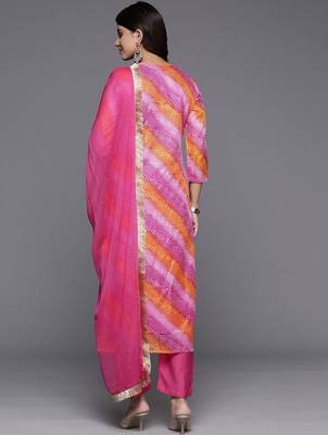 Bandhani Printed Thread Work Straight Kurta With Trousers & Dupatta 6