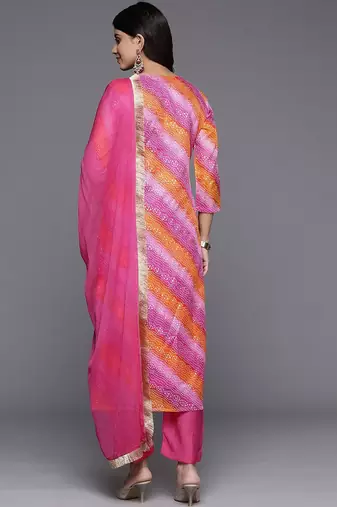Bandhani Printed Thread Work Straight Kurta With Trousers & Dupatta