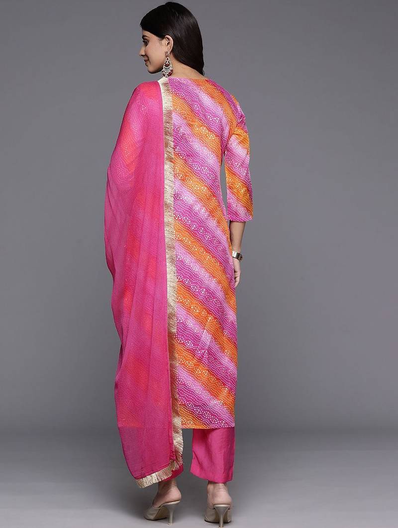 Bandhani Printed Thread Work Straight Kurta With Trousers & Dupatta