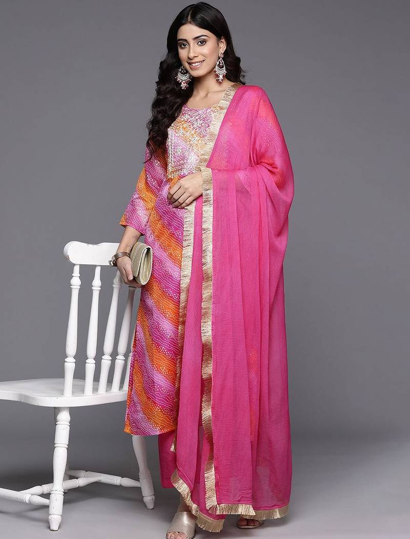 Bandhani Printed Thread Work Straight Kurta With Trousers & Dupatta