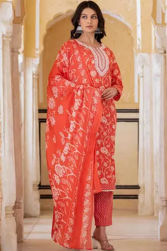 Ethnic Thread Embroidered Printed Kurta & Trousers With Dupatta