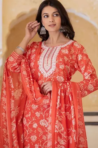 Ethnic Thread Embroidered Printed Kurta & Trousers With Dupatta
