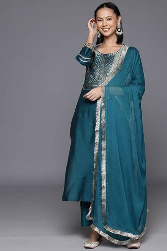 Ethnic Motifs Yoke Design Thread Work Straight Kurta with Trousers & Dupatta