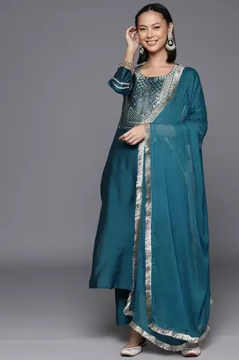 Ethnic Motifs Yoke Design Thread Work Straight Kurta with Trousers & Dupatta