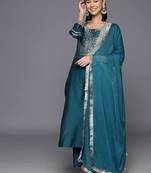 Ethnic Motifs Yoke Design Thread Work Straight Kurta with Trousers & Dupatta