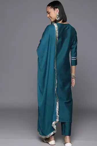 Ethnic Motifs Yoke Design Thread Work Straight Kurta with Trousers & Dupatta