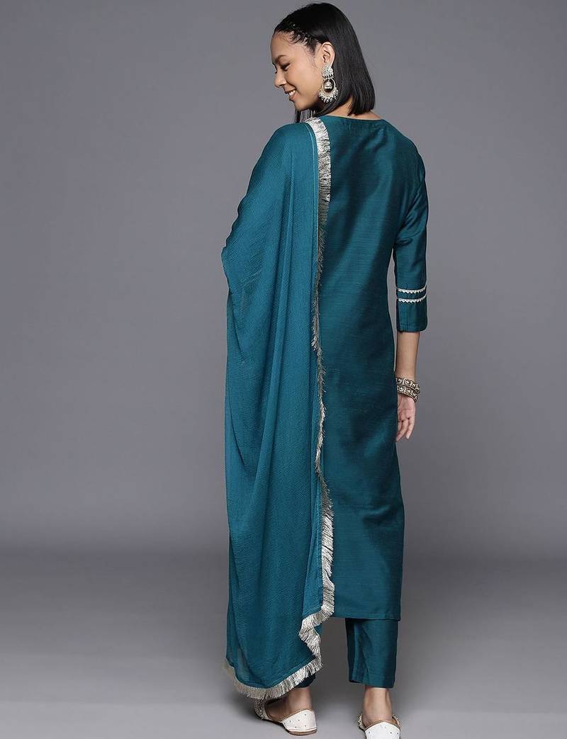 Ethnic Motifs Yoke Design Thread Work Straight Kurta with Trousers & Dupatta