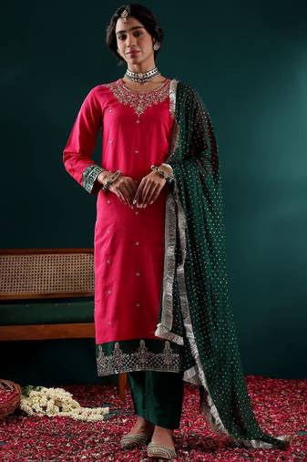 Women Ethnic Motifs Embroidered Regular Thread Work Kurta with Trousers & With Dupatta
