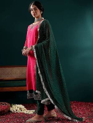 Women Ethnic Motifs Embroidered Regular Thread Work Kurta with Trousers & With Dupatta 5
