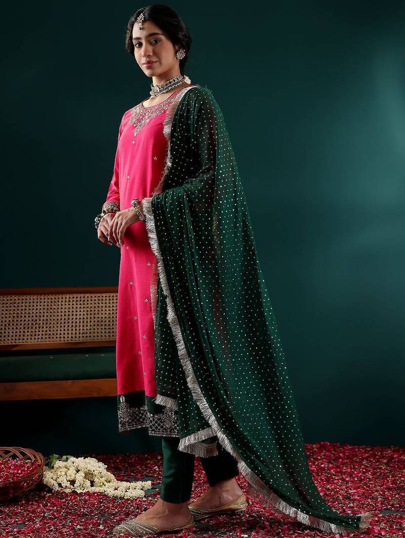 Women Ethnic Motifs Embroidered Regular Thread Work Kurta with Trousers & With Dupatta