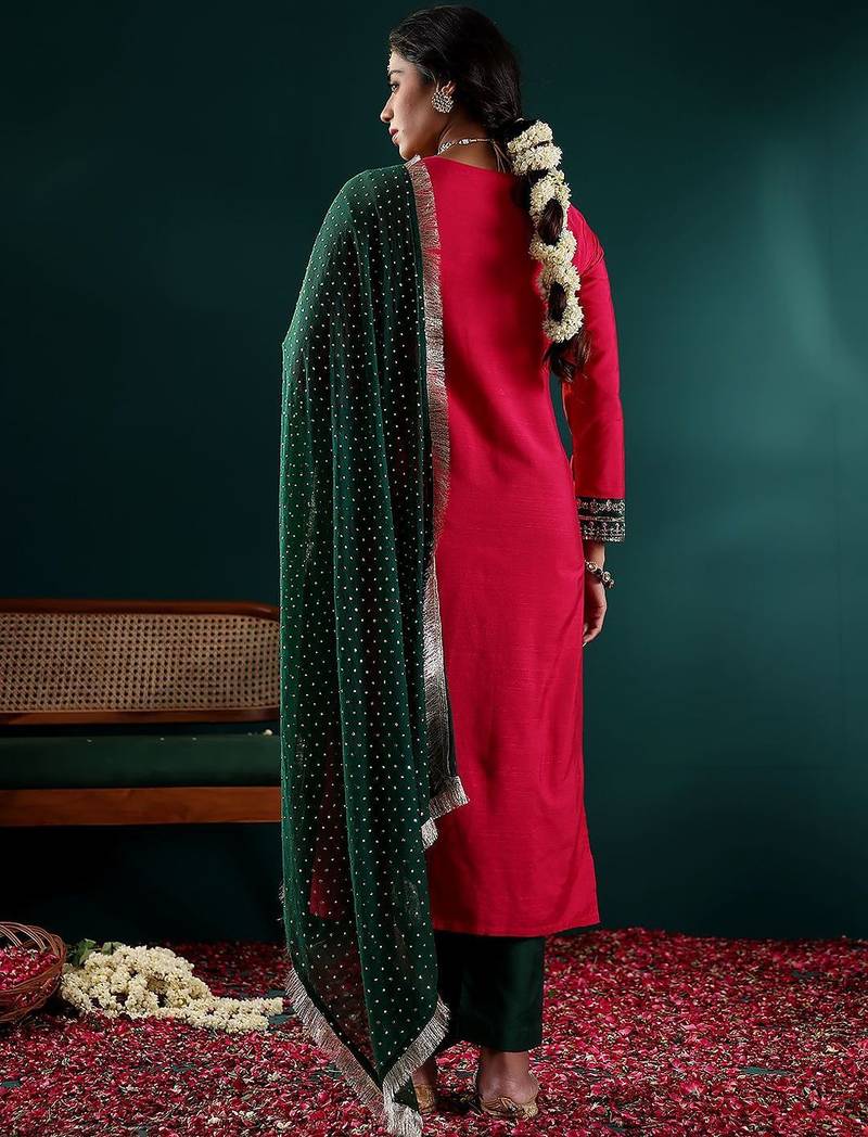 Women Ethnic Motifs Embroidered Regular Thread Work Kurta with Trousers & With Dupatta