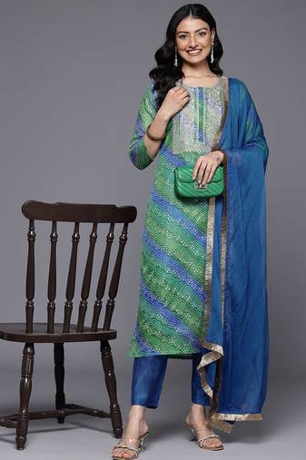Women Bandhani Printed Zari Embroidered Kurta with Trousers & With Dupatta