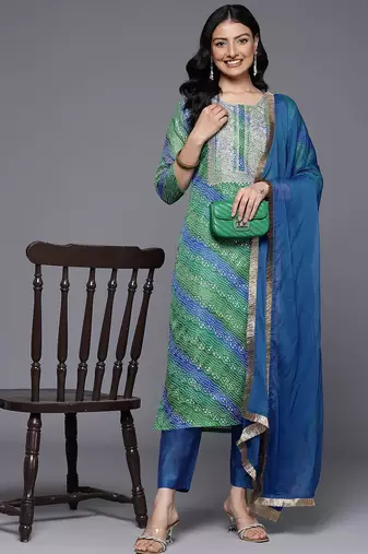 Women Bandhani Printed Zari Embroidered Kurta with Trousers & With Dupatta
