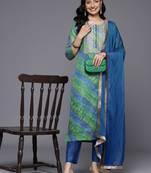 Women Bandhani Printed Zari Embroidered Kurta with Trousers & With Dupatta
