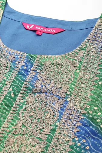 Women Bandhani Printed Zari Embroidered Kurta with Trousers & With Dupatta
