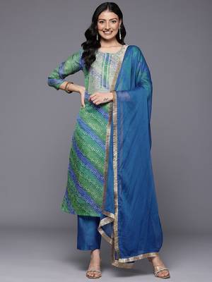 Women Bandhani Printed Zari Embroidered Kurta with Trousers & With Dupatta 5