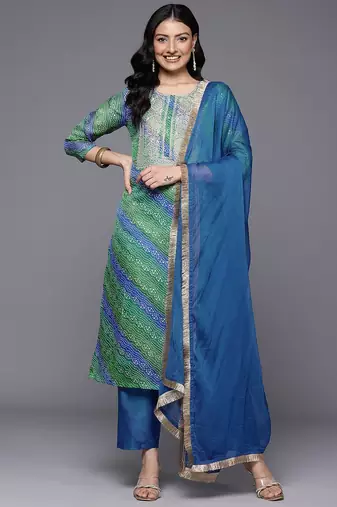 Women Bandhani Printed Zari Embroidered Kurta with Trousers & With Dupatta