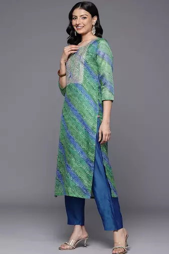 Women Bandhani Printed Zari Embroidered Kurta with Trousers & With Dupatta