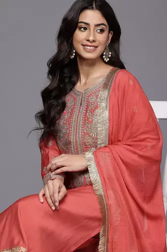 Women Embroidered Kurta with Palazzos & Dupatta