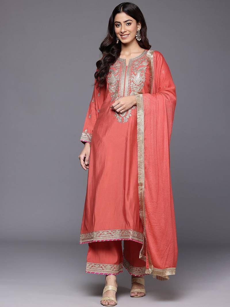 Women Embroidered Kurta with Palazzos & Dupatta