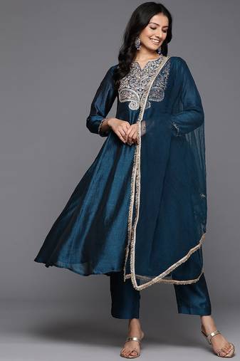 Floral Yoke Embroidered Anarkali Kurta With Trousers & Dupatta