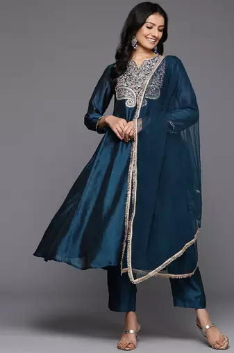 Floral Yoke Embroidered Anarkali Kurta With Trousers & Dupatta