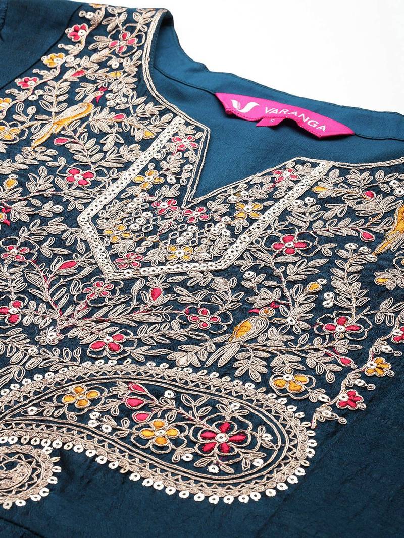 Floral Yoke Embroidered Anarkali Kurta With Trousers & Dupatta