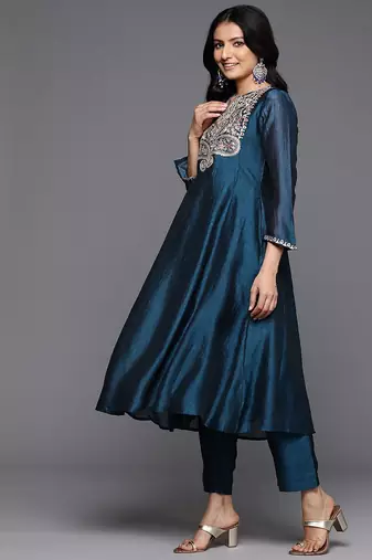 Floral Yoke Embroidered Anarkali Kurta With Trousers & Dupatta