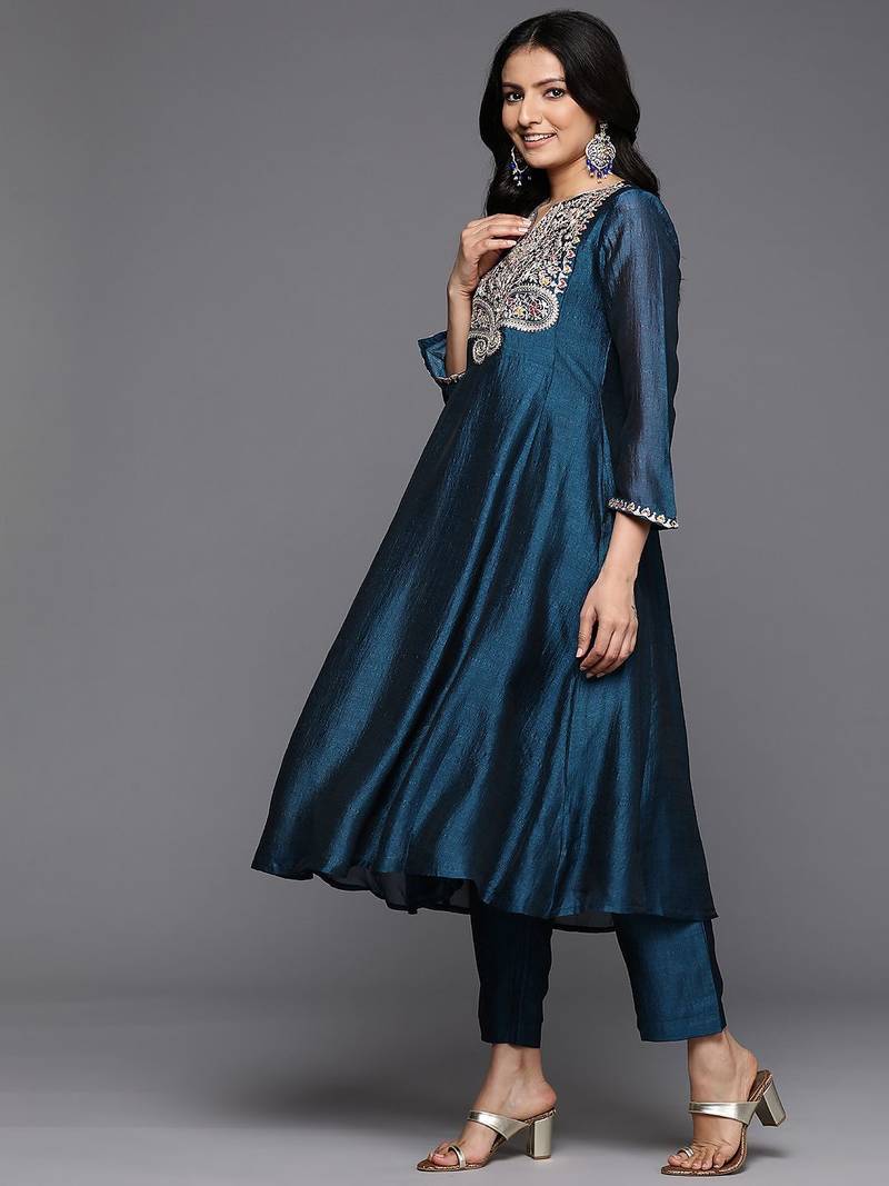 Floral Yoke Embroidered Anarkali Kurta With Trousers & Dupatta