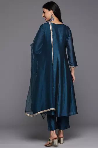 Floral Yoke Embroidered Anarkali Kurta With Trousers & Dupatta