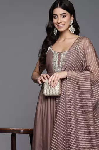 Embroidered Pleated Anarkali Zari Kurta with Trousers & Dupatta