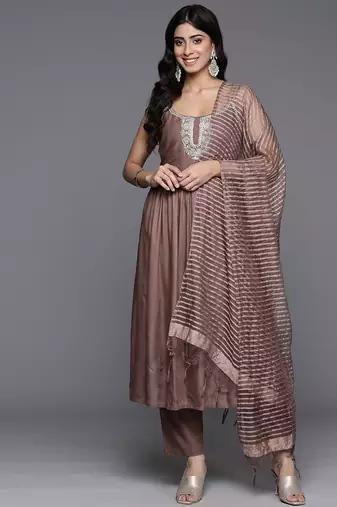 Embroidered Pleated Anarkali Zari Kurta with Trousers & Dupatta