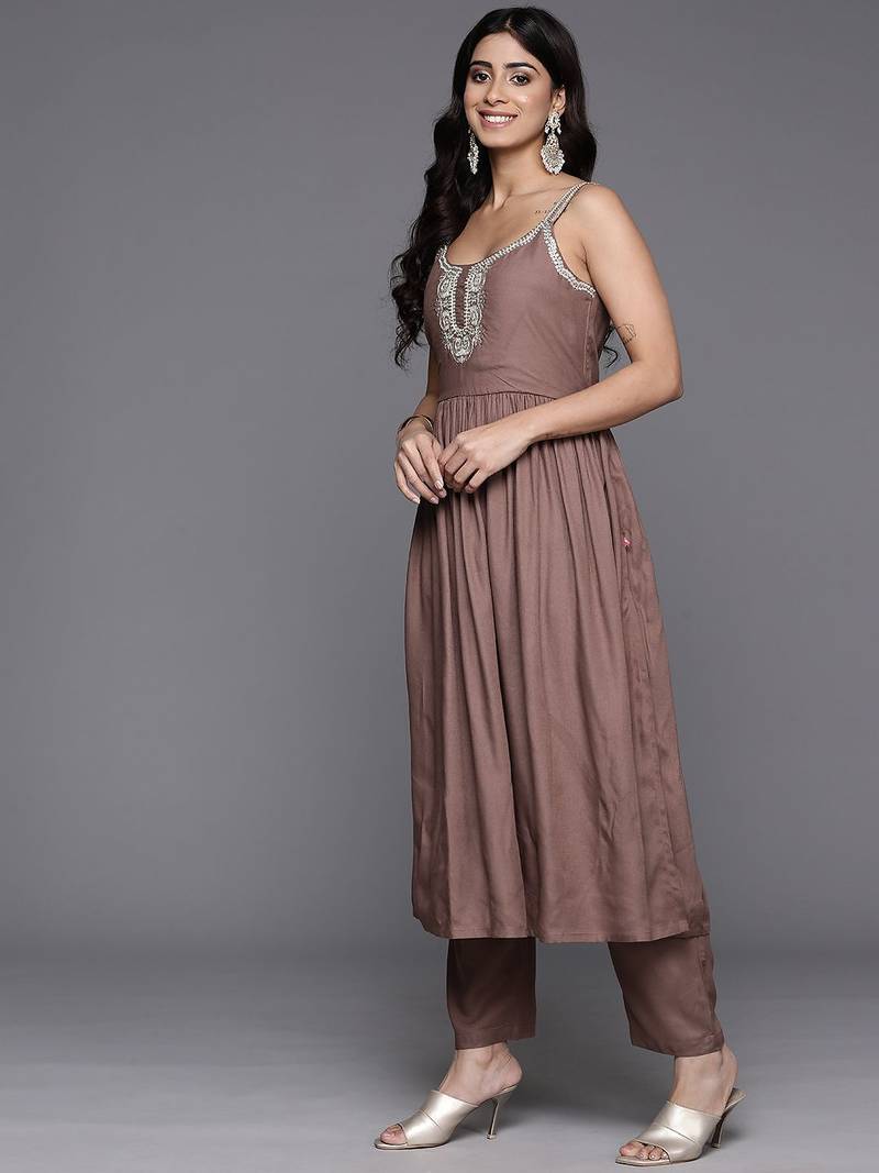 Embroidered Pleated Anarkali Zari Kurta with Trousers & Dupatta
