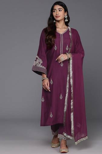 V-Neck Ethnic Motifs Embroidered Regular Kurta Set