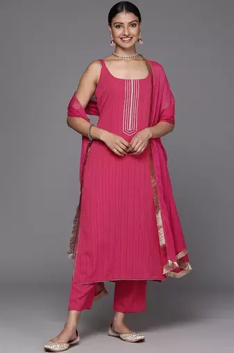 Women Floral Yoke Design Straight Kurta with Trouser & Dupatta