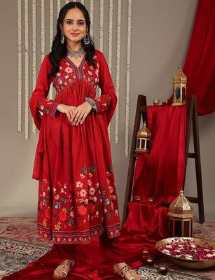 Floral Printed V-Neck Empire Anarkali Kurta with Trouser & Dupatta 1