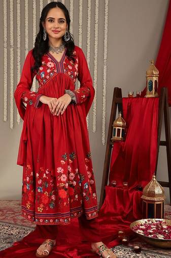 Floral Printed V-Neck Empire Anarkali Kurta with Trouser & Dupatta