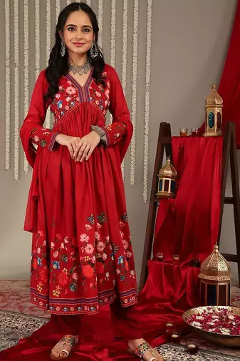 Floral Printed V-Neck Empire Anarkali Kurta with Trouser & Dupatta
