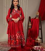Floral Printed V-Neck Empire Anarkali Kurta with Trouser & Dupatta