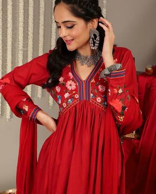 Floral Printed V-Neck Empire Anarkali Kurta with Trouser & Dupatta 2