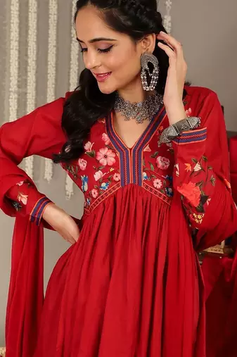 Floral Printed V-Neck Empire Anarkali Kurta with Trouser & Dupatta