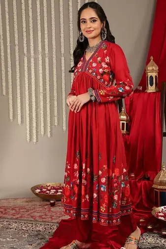 Floral Printed V-Neck Empire Anarkali Kurta with Trouser & Dupatta