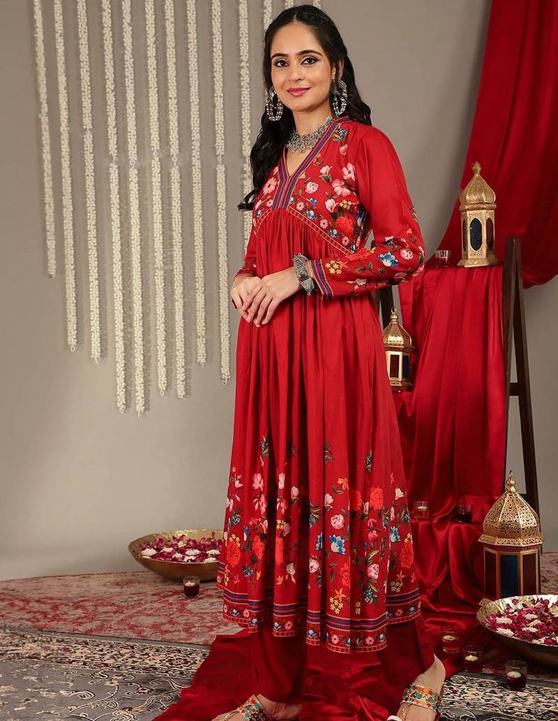 Floral Printed V-Neck Empire Anarkali Kurta with Trouser & Dupatta